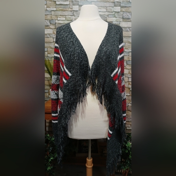 St. Johns Bay Large Navajo Striped Open‎ Sweater Cardigan W/Fringe - Picture 1 of 5